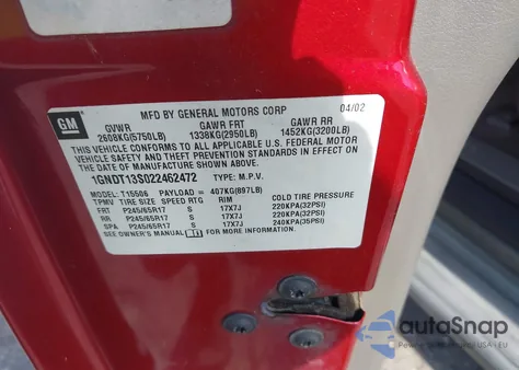 2002 Chevrolet Trailblazer Ltz from USA, damaged, VIN 1GNDT13S022462472